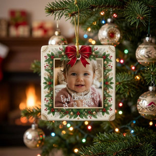 Baby's First Christmas Photo Frame Red Bow Custom Ceramic Ornament
