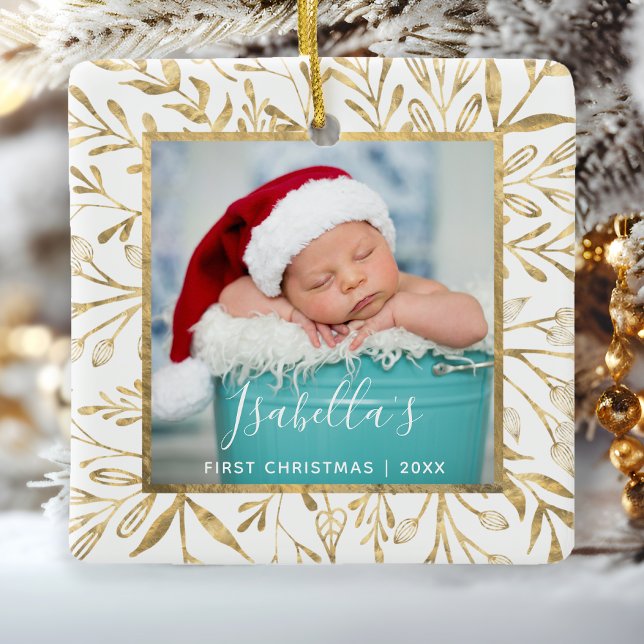 Babys First Christmas Photo Gold Foliage White Ceramic Ornament (Creator Uploaded)