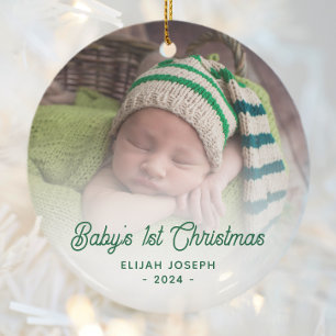 Baby's First Christmas Photo Greeen Retro Script Ceramic Tree Decoration