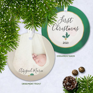 Baby's First Christmas Photo Green & Gold Holly Ornament