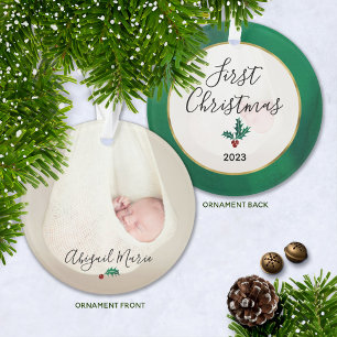 Baby's First Christmas Photo Green & Red Holly Ornament
