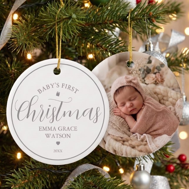 Baby's First Christmas Photo Grey Keepsake  Ceramic Tree Decoration (Creator Uploaded)
