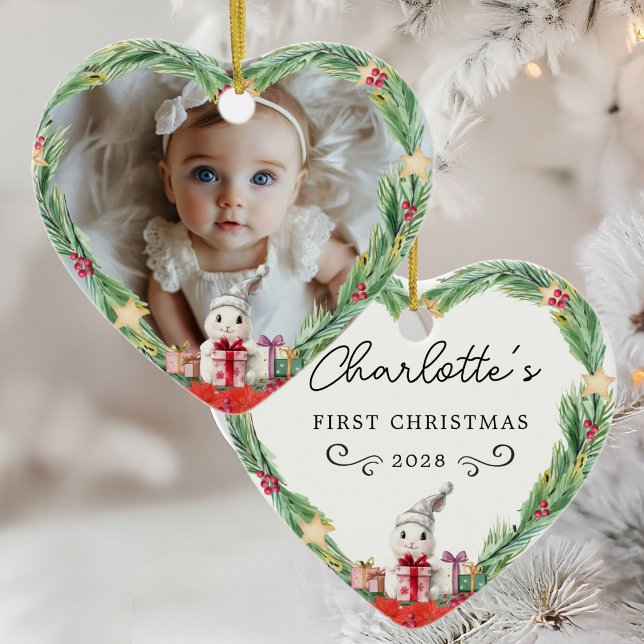 Baby's First Christmas–Photo-Heart-Rabbit Ceramic Tree Decoration (Baby's First Christmas–Photo-Heart-Rabbit Ceramic Ornament)