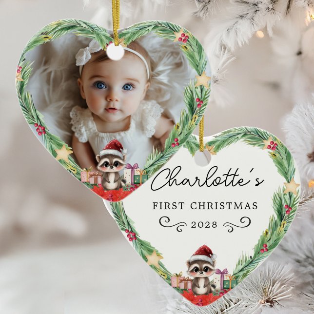 Baby's First Christmas–Photo-Heart-Racoon Ceramic Tree Decoration (Baby's First Christmas–Photo-Heart-Racoon Ceramic Ornament)