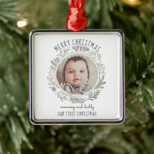 Baby's First Christmas Photo Heirloom For Mum Dad  Metal Tree Decoration