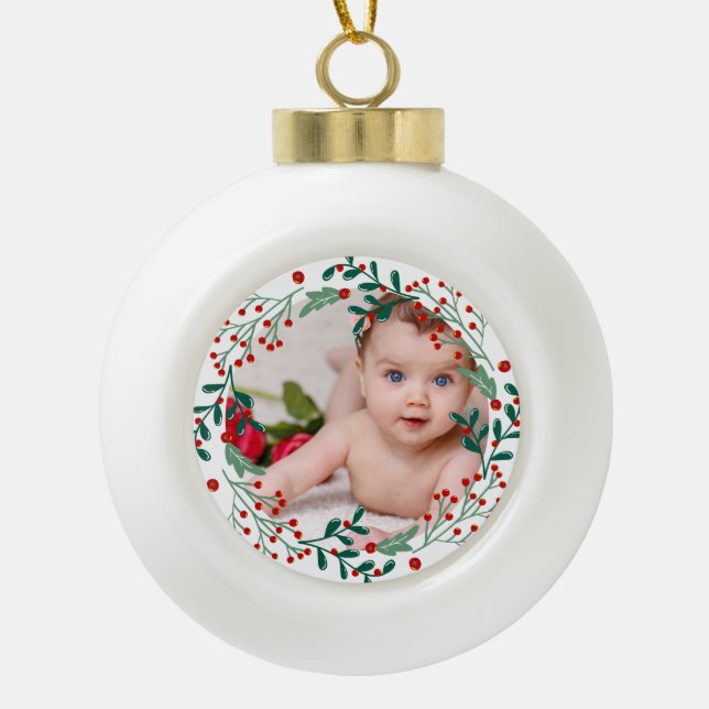 Baby's first christmas photo holiday cherry  ceram ceramic ball christmas ornament (Front)