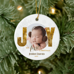 Baby's First Christmas Photo JOY Snowflakes Ceramic Tree Decoration