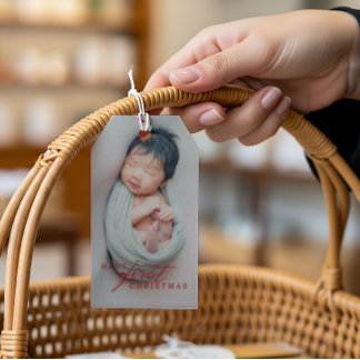 Baby's First Christmas Photo Modern Red Typography Gift Tags