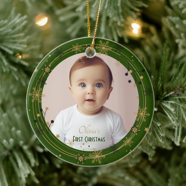 Baby's First Christmas Photo Name Custom Garland Ceramic Tree Decoration (Creator Uploaded)