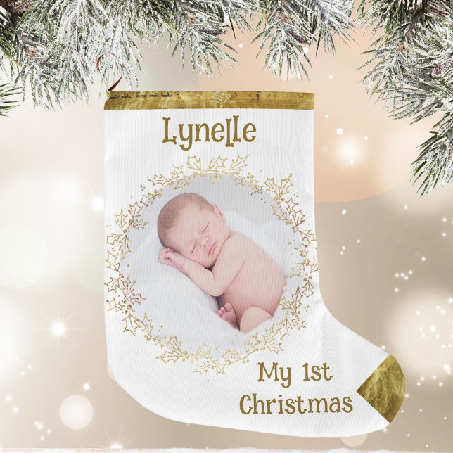 Baby's First Christmas, Photo, Name, Gold, White  Large Christmas Stocking (Baby's First Christmas, Photo, Name, Gold, White Large Christmas Stocking)