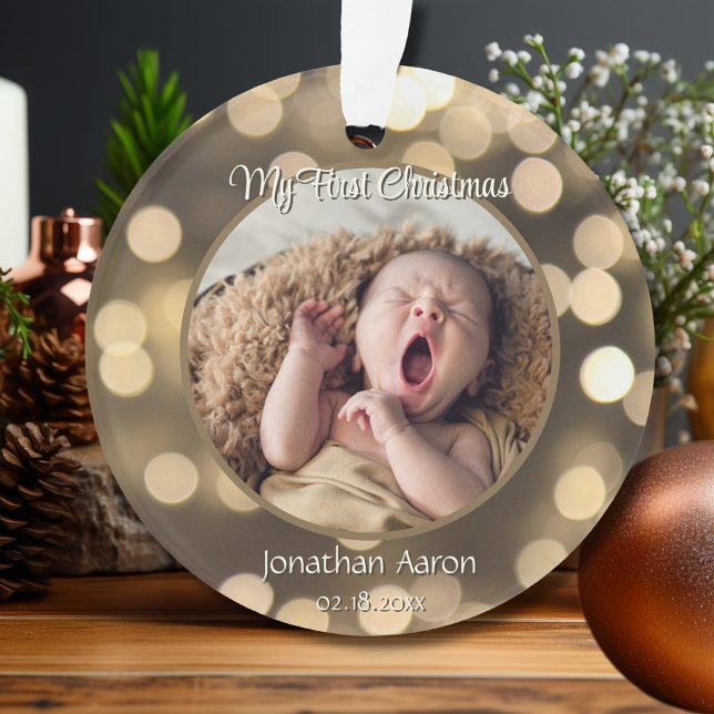 Baby's First Christmas Photo Name Golden Keepsake Ornament (Creator Uploaded)