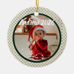 Baby's first Christmas photo on green polkadots Ceramic Tree Decoration