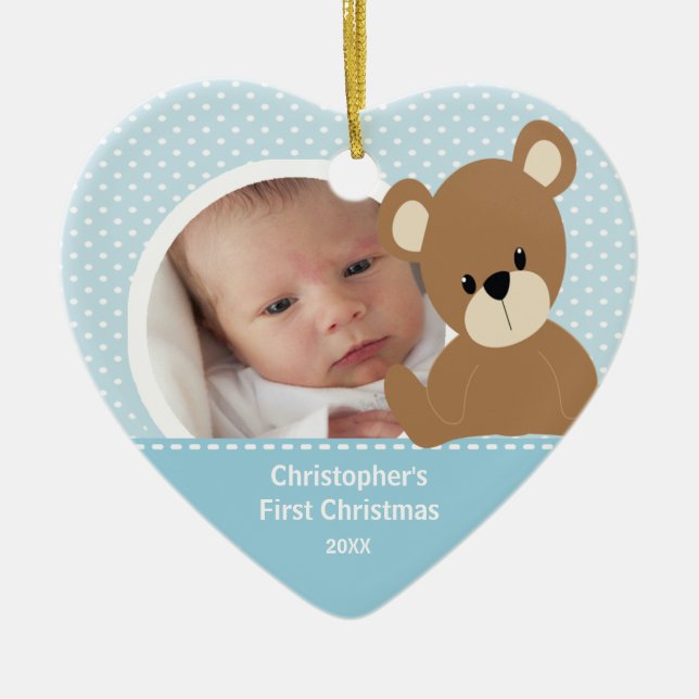Babys First Christmas Photo Ornament Boy Bear (Front)