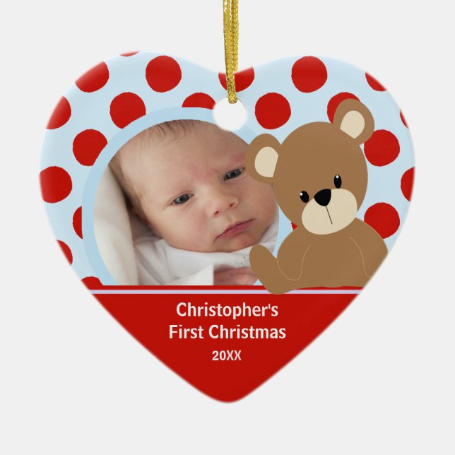 Babys First Christmas Photo Ornament Boy Bear (Front)
