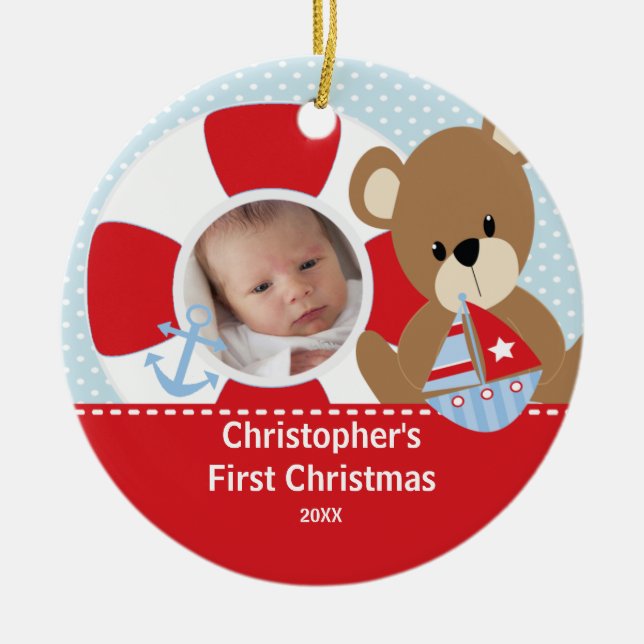 Babys First Christmas Photo Ornament Sailboat (Front)