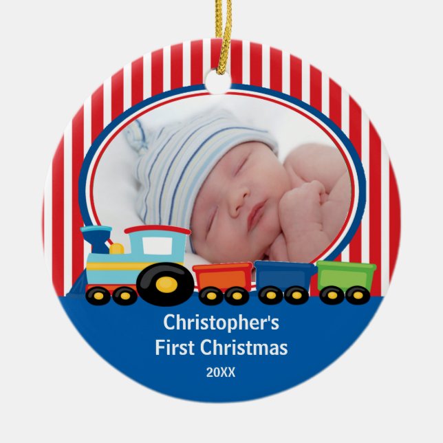 Baby's First Christmas Photo Ornament Train Boy (Front)