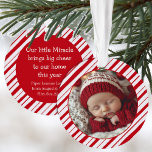 Baby's First Christmas Photo Peppermint New Parent Ornament<br><div class="desc">New parents can commemorate your miracle baby's first Christmas with this sweet photo ornament with a classic red and white hand drawn peppermint stripe featuring a photo on one side and your text on the back.</div>