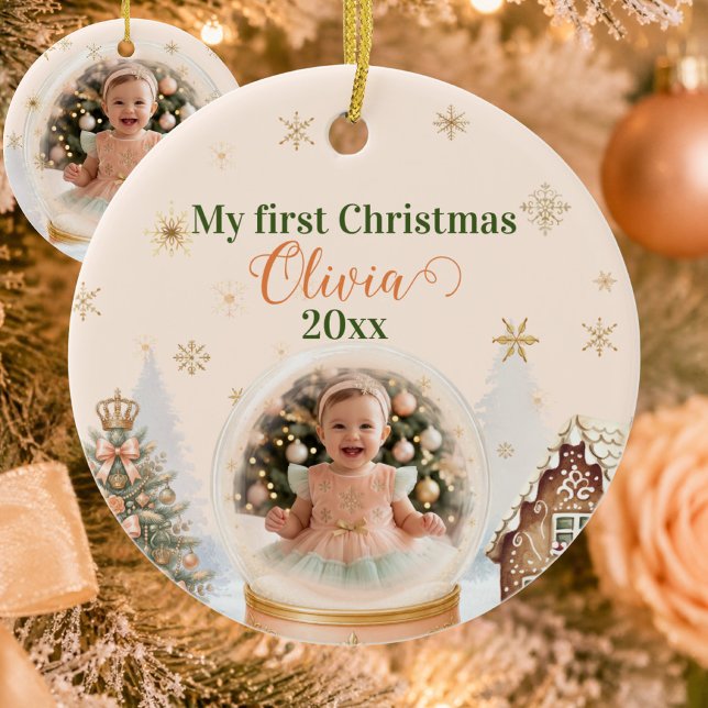  Baby's First Christmas Photo Personalised  Ceramic Tree Decoration (Nutcracker First Christmas Photo Snow Globe Ceramic Ornament - Front)
