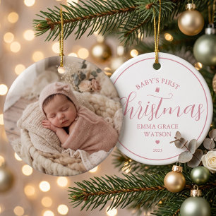Baby's First Christmas Photo Pink Keepsake Ceramic Tree Decoration