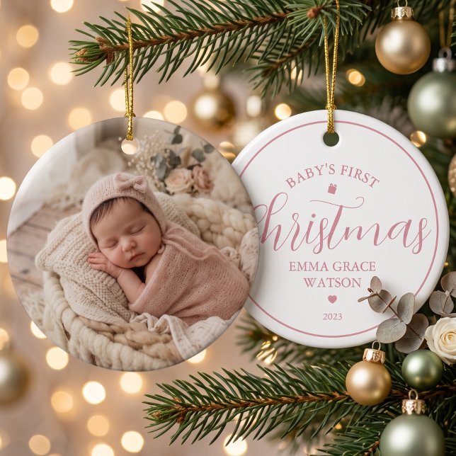 Baby's First Christmas Photo Pink Keepsake  Ceramic Tree Decoration (Creator Uploaded)