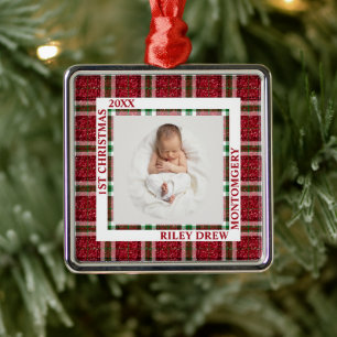 Baby's First Christmas Photo Plaid Metal Tree Decoration
