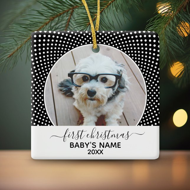 Baby's First Christmas Photo Polka Dot Black White Ceramic Ornament (Personalized photo ornament)