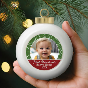 Baby's First Christmas Photo - Red and Green Ceramic Ball Christmas Ornament
