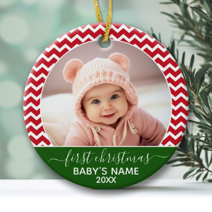 Baby's First Christmas Photo red chevrons green Ceramic Tree Decoration