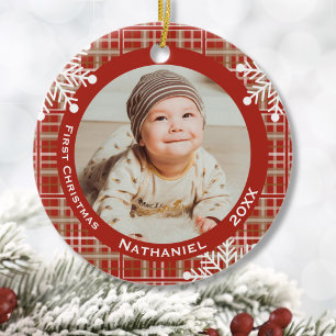 Baby's First Christmas Photo Red Plaid Snowflakes Ceramic Tree Decoration