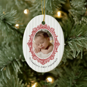 Baby's First Christmas Photo Red Vintage Frame Ceramic Tree Decoration