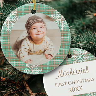 Baby's First Christmas Photo Sage Plaid Snowflakes Ceramic Tree Decoration