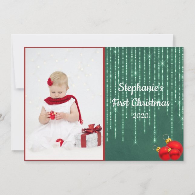 Babys First Christmas Photo Silver Glitter Flat Holiday Card (Front)