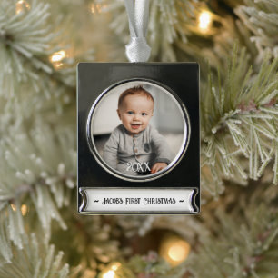 Baby's First Christmas Photo Silver Plated Banner Ornament