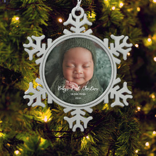 Babys First Christmas Photo Snowflake Pewter Christmas Ornament
