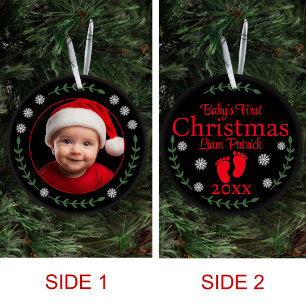 Babys First Christmas Photo Snowflakes & Laurel Ceramic Tree Decoration