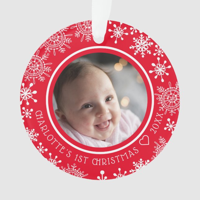 Baby's First Christmas Photo Snowflakes Red Ornament (Front)