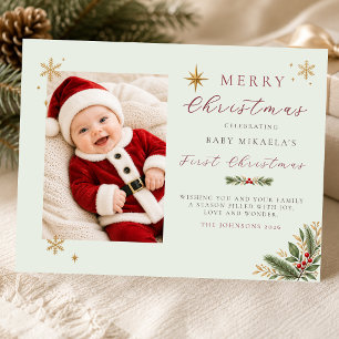 Baby's First Christmas Photo Soft Sage Holiday Postcard