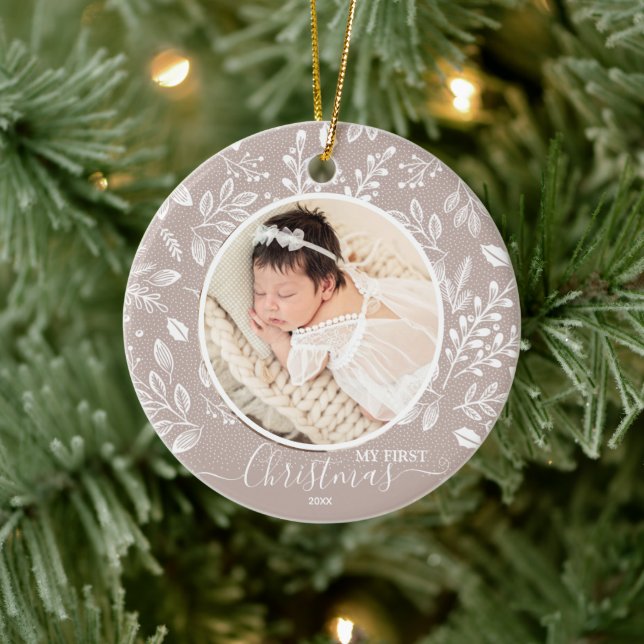 Baby's First Christmas Photo Taupe Ceramic Tree Decoration (Tree)