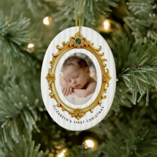 Baby's First Christmas Photo Vintage Gold Frame Ceramic Tree Decoration