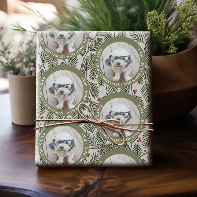 Baby's First Christmas Photo - Whimsical Branches Wrapping Paper (Personalized Photo Wrapping Paper)