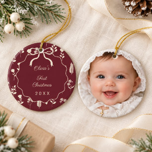 Baby's First Christmas photo wildflowers burgundy Ceramic Tree Decoration
