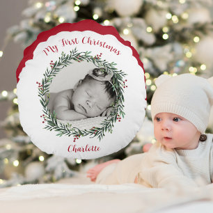 Baby's First Christmas, Photo With Name Round Cushion