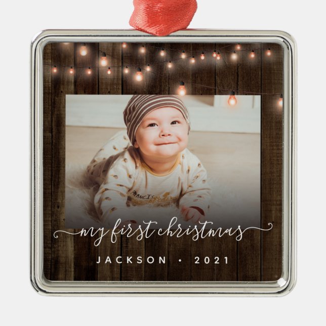 Baby's First Christmas Photo Wood and Lights  Metal Tree Decoration (Front)