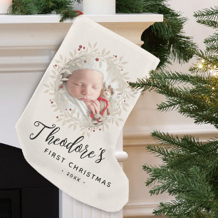 Baby's First Christmas Photo Wreath Name Small Christmas Stocking