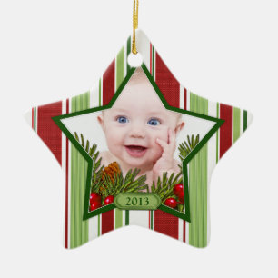 Baby's First Christmas Photo Xmas Stripes Star Ceramic Tree Decoration