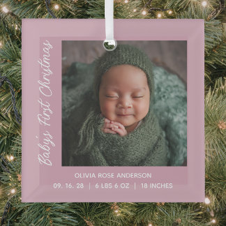 Babys First Christmas Pink Blush Photo Glass Tree Decoration