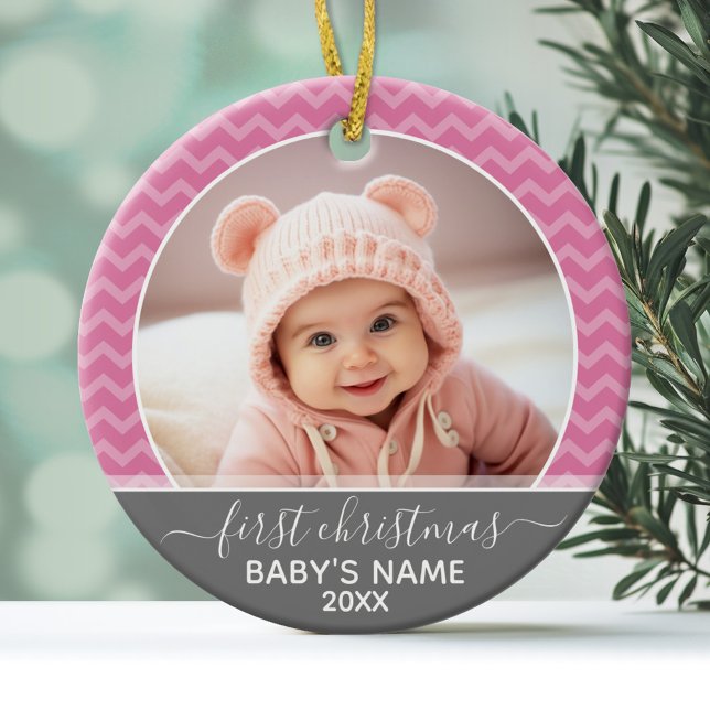 Babys First Christmas - pink chevrons and grey Ceramic Tree Decoration (Personalized Photo Ornament - Baby's First Christmas)