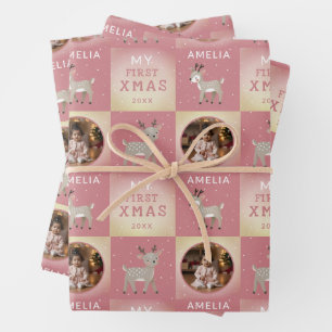 Baby's First Christmas Pink Deer Photo Wrapping Paper Sheet