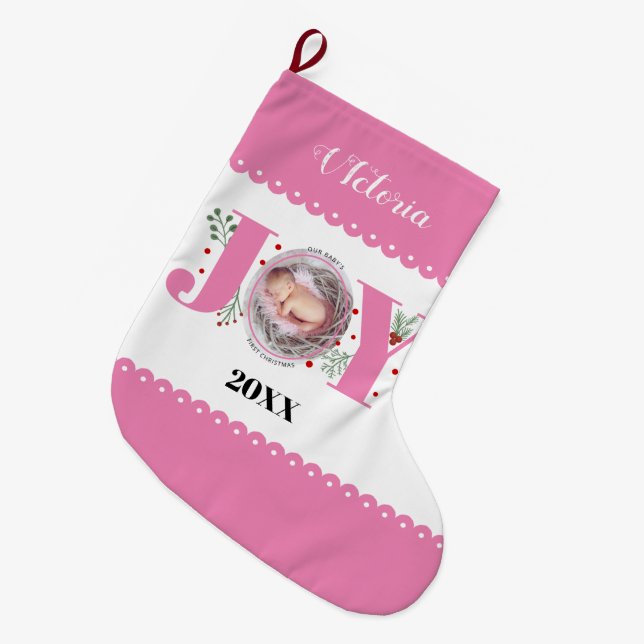 Baby's First Christmas pink Joy and berries photo  Large Christmas Stocking (Front (Hanging))