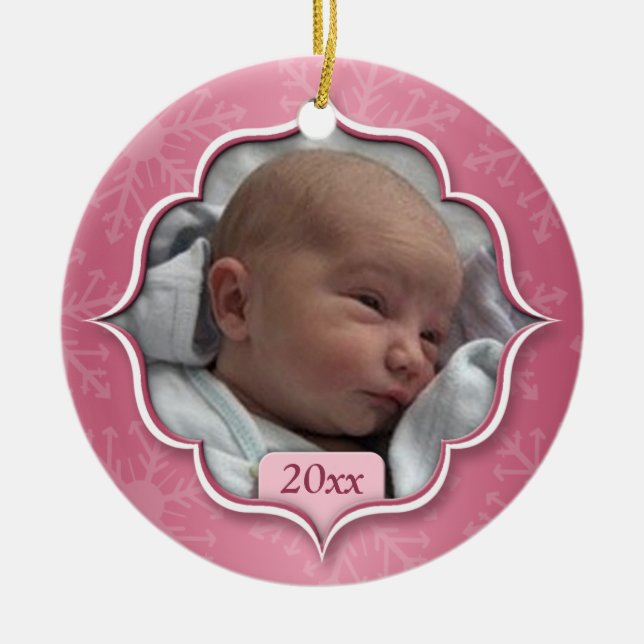 Baby's First Christmas Pink Photo Ornament (Front)